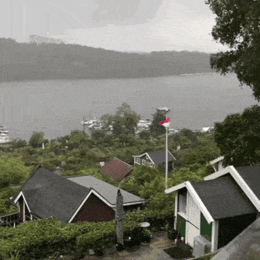 a view of a lake with a few houses on the shore
