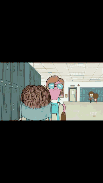 a cartoon of a girl walking in a hallway with lockers