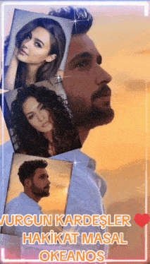 a man with a beard is surrounded by pictures of women and the words " urgun kardesler "