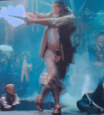 a painting of a man holding a gun with smoke behind him