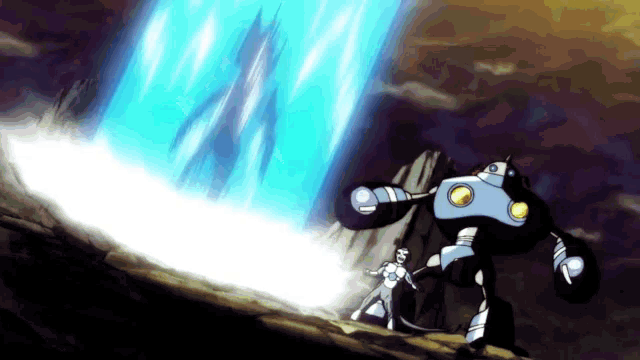 a cartoon character is standing in front of a blue light