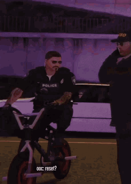 a police officer is sitting on a motorcycle talking to another officer