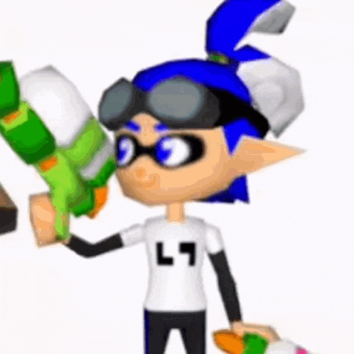 a cartoon character is holding a green water gun and wearing goggles .