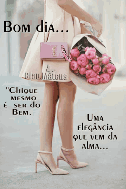 a woman in a dress is holding a bouquet of pink flowers and a purse with a butterfly on it