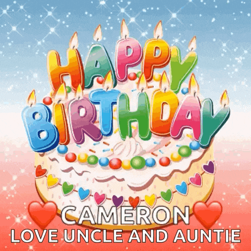 happy birthday cameron love uncle and auntie with a cake