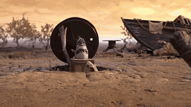 a cartoon character is sticking its head out of a hole