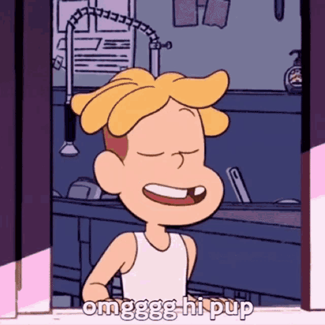 a cartoon boy with yellow hair is smiling and says omggg hi pup