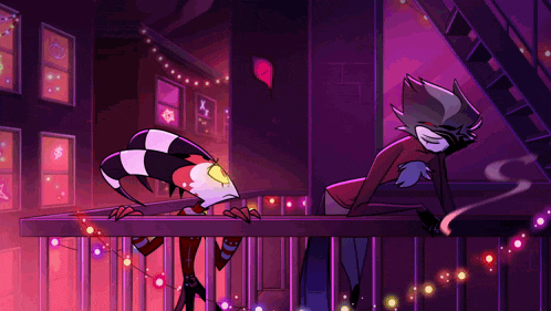 two cartoon characters are standing on a balcony with christmas lights