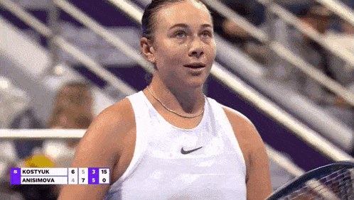 a woman in a white tank top is holding a tennis racquet and looking at the scoreboard .