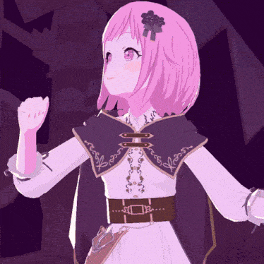 a girl with pink hair is wearing a cape and a belt