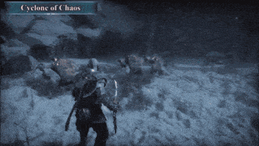 a video game called cyclone of chaos shows a man holding a sword in the snow