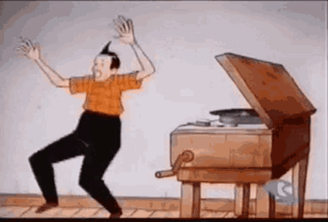 a man is dancing in front of a record player in a cartoon .