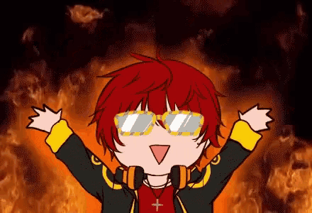 a cartoon character wearing sunglasses and headphones is standing in front of a fire background .