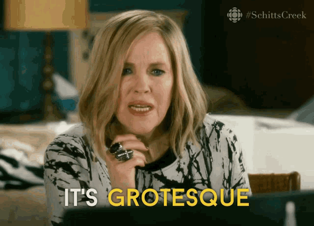 a woman says " it 's grotesque " in yellow
