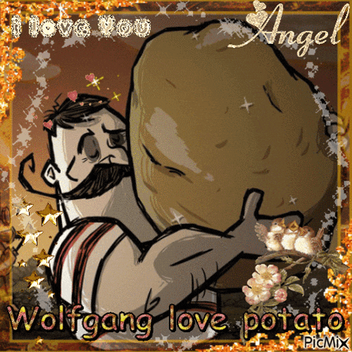 a picture of a man holding a large potato that says wolfgang love potato on it