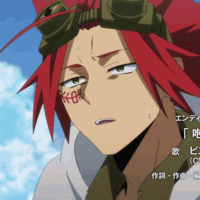 a cartoon character with red hair and green eyes has a tattoo on his face that says " koh "