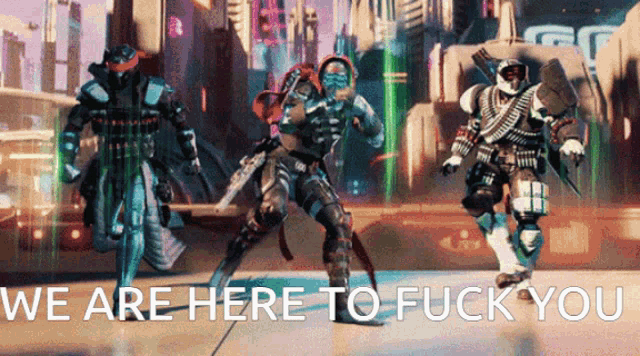 a group of soldiers are dancing in front of a city with the words we are here to fuck you on the bottom