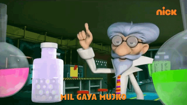 a cartoon of a scientist with the words mil gaya mujko