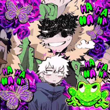a frog is surrounded by purple flowers and the words ha ha ha ha ha
