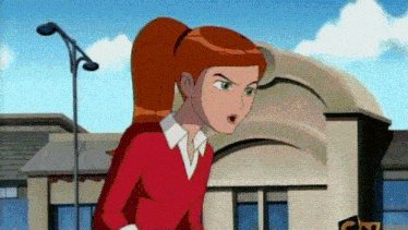 a cartoon girl with a ponytail is standing in front of a building