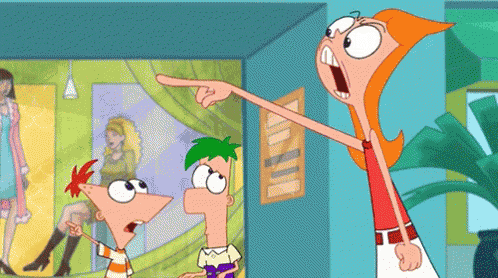 a cartoon character named phineas and ferb is pointing at something