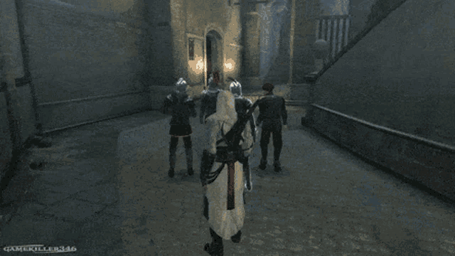 a screenshot of a video game shows a man in a white robe