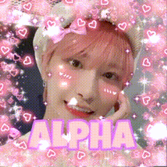 a girl with pink hair is surrounded by pink hearts and the word alpha on the bottom .