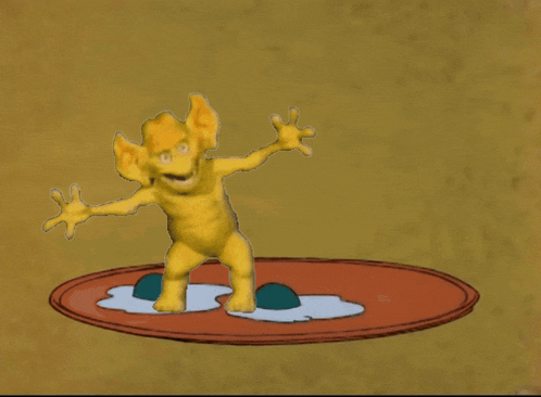 a yellow cartoon character is standing on a red circle