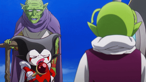 a cartoon character with a purple cape is standing next to a green character