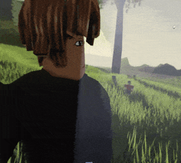 a cartoon character is standing in a grassy field with a tree in the background