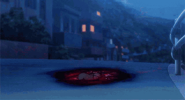 a girl in a red dress is surrounded by bullets in an anime .