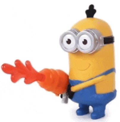 a yellow and blue minion toy is holding a red object .