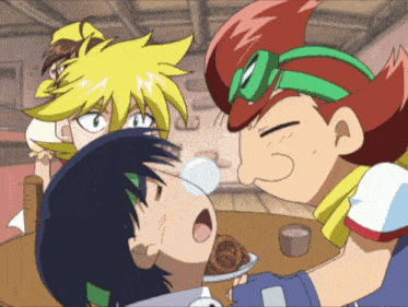 a group of cartoon characters are sitting around a table with a plate of food on it