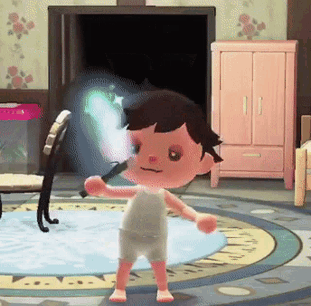 a cartoon character is standing in a room and holding a sword