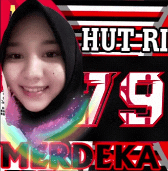 a woman in a hijab is smiling in front of a poster that says hut ri 79 merdeka