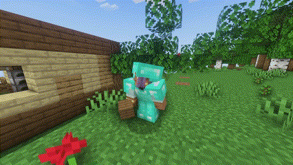 a minecraft character is standing in the grass in front of a wooden house .