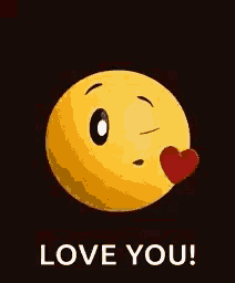 a smiley face is blowing a kiss with a heart in its mouth and the words `` love you '' .
