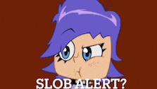 a cartoon character with purple hair and the words slob alert