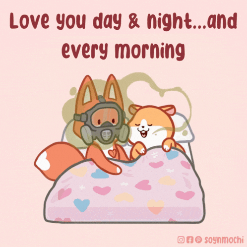 a cartoon of a fox wearing a gas mask and a dog laying in bed