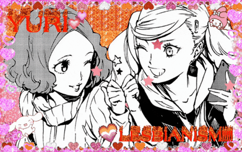a drawing of two girls with yuri lesbianism written in red letters
