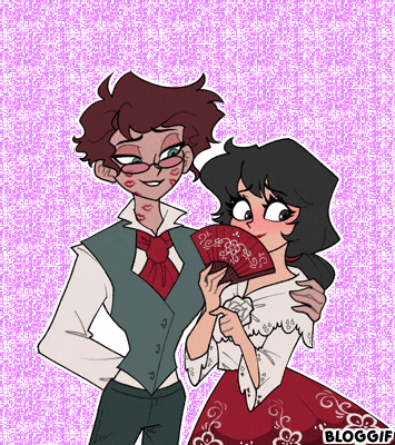 a cartoon of a man and a woman holding a fan with a purple background