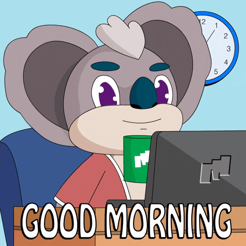 a cartoon of a koala sitting in front of a computer with the words good morning written below him