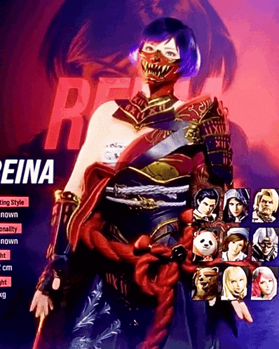 a woman in a samurai costume with the word reina on the bottom right