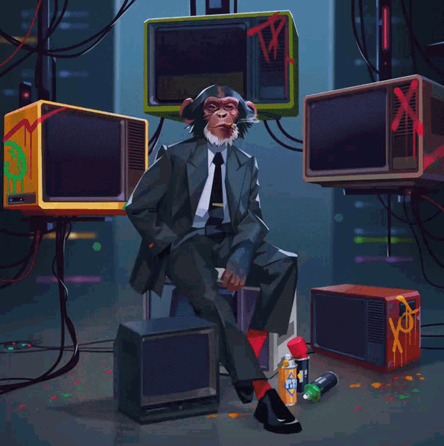 a chimpanzee in a suit sits on a stool in front of a bunch of televisions