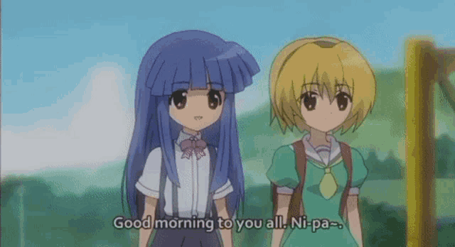 two anime girls are standing next to each other and one of them says good morning to you all