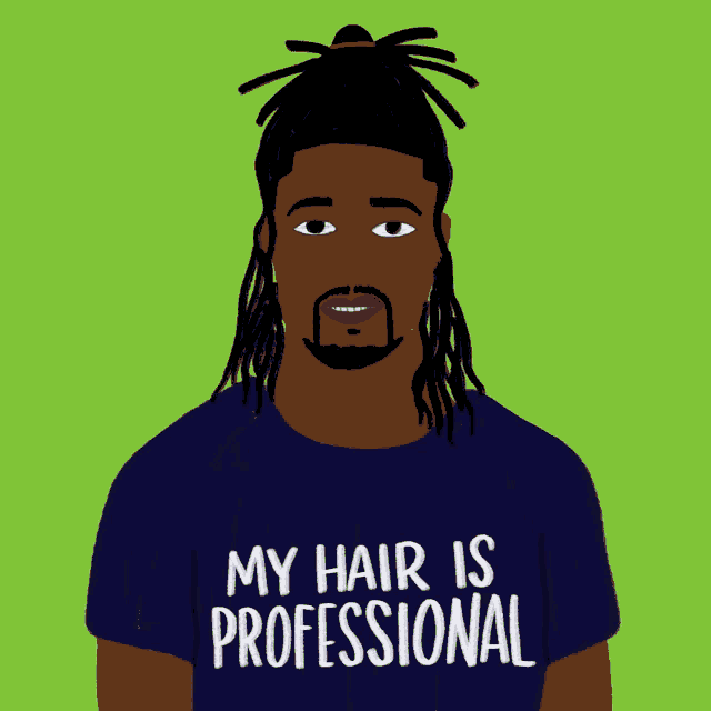 a man with dreadlocks wears a blue shirt that says my hair is professional
