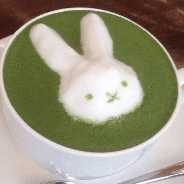 a cup of green tea with a bunny made of foam on top .