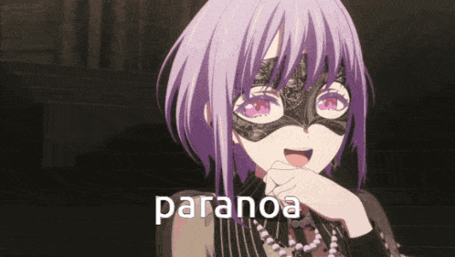 a girl with purple hair is wearing a mask and the word paranoa is written below her