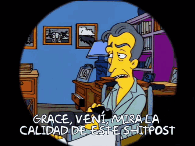 a cartoon of a man sitting in a chair with the words grace veni mira la calidad de este shitpost