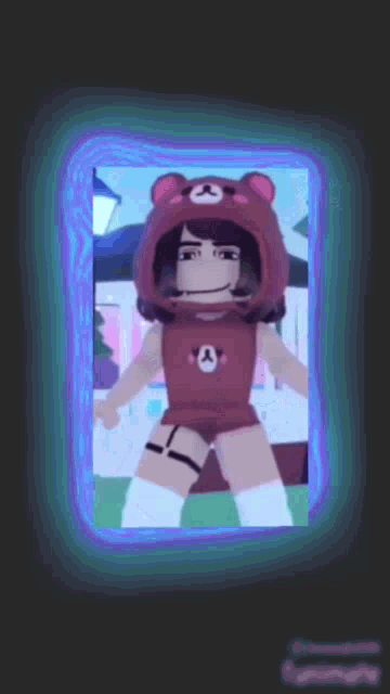 a girl in a teddy bear costume is standing in front of a blue light
